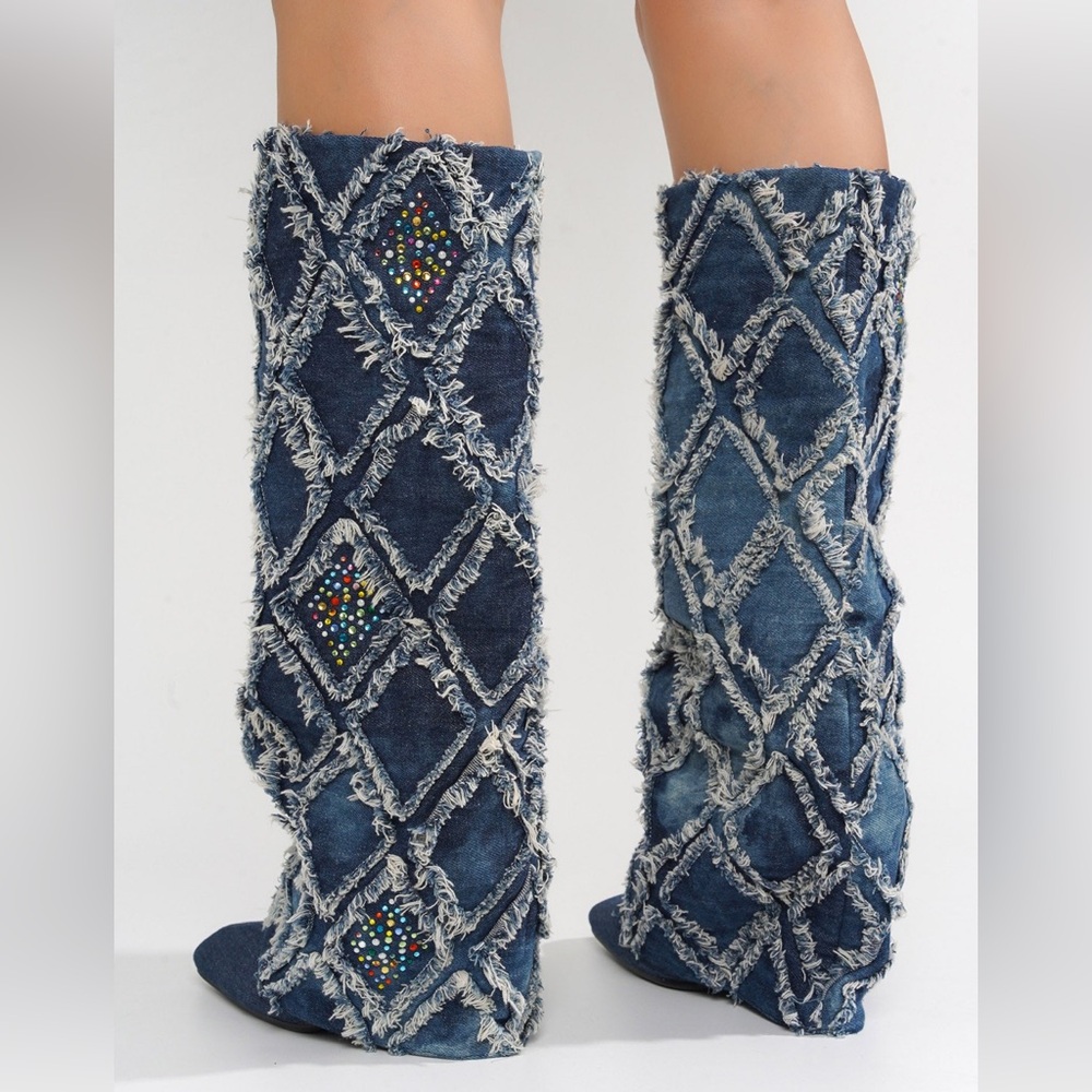 •CAPE ROBBIN• “Bobome” Blue Studded Denim Stiletto Pointed Boots // NIB - Picture 3 of 13